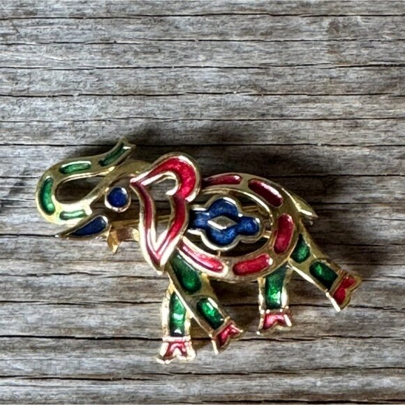 Crown Trifari Jewelry - Vintage Crown Trifari Elephant Brooch Gold Tone Enamel Red Green Blue Pin 1.5”